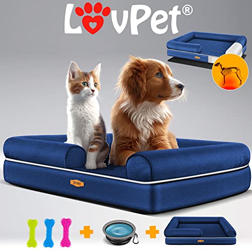 Lovpet® Orthopädisches Hundebett Hundekissen Hundekorb Relax, Inkl. Napf + 3X Kauknochen, Hundesofa für Kleine, Mittelgroße & Große Hunde, Bezug abnehmbar und waschbar, 91x71x22cm Navyblau