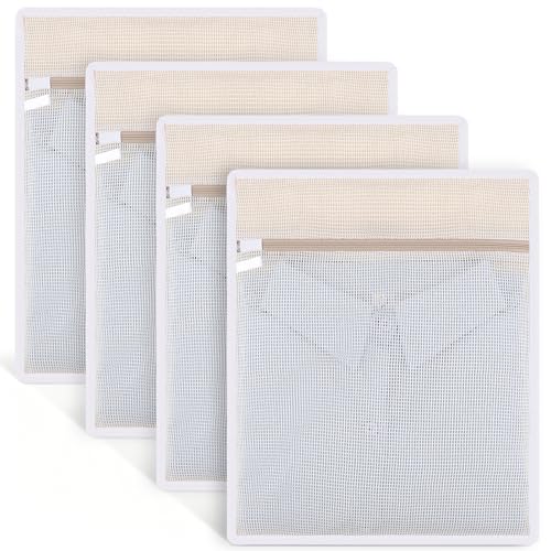 Dntorx 4 Pack Durable Cotton Mesh Laundry Bags for Delicates - 12×16inch Laundry Bags Mesh Wash Bags with Sturdy Zipper for Underwear Bras Socks Clothes Storage Natural Cotton Washing Machine Safe
