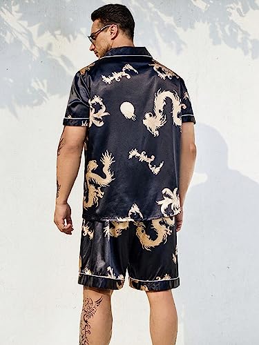 WDIRARA Men's Extended Size Sleepwear Dragon Print Short Sleeve Button Front Shirt and Shorts Satin Pajama Set2