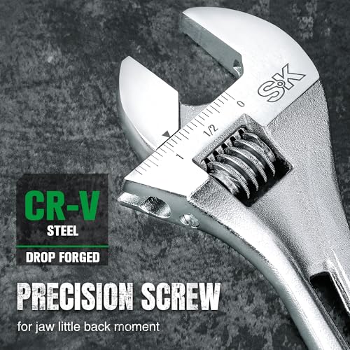 Image of SK 10-Inch Adjustable Wrench, 1-7 /16 inch Jaw Capacity, SAE&Metric Scales | X-Frame Handle, Precision Jaw, Heat Treated CR-V Steel, Chrome-Plated Rust Resistant Finish