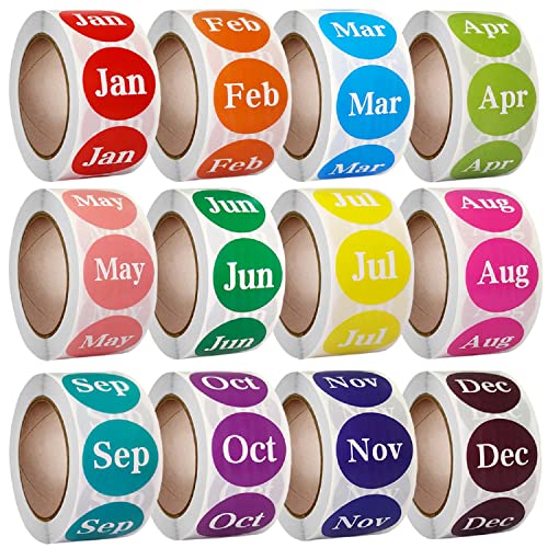 Decoendiy Etiquetas adhesivas para el mes, etiquetas de 12 meses del año, etiquetas autoadhesivas mensuales de puntos de codificación de colores de 2.5 cm, 12 rollos de calcomanías de puntos redondos,
