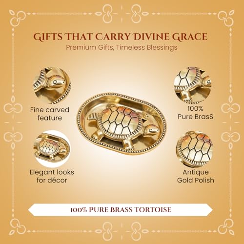 Image of Ekhasa 100% Pure Brass Tortoise and Plate with Gift Box | Feng Shui Turtle Vastu Item for Home Office Desk Decor | Good Luck Wealth Religious Housewarming Griha Pravesh Gift