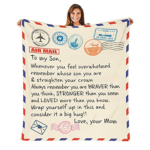 WMLBK Letter Blanket, To My Son from Mum Blanket 150 * 200CM/60 * 80in, Super Soft Letter Blanket for Bedroom Living, Message Letter Printed Fleece Blanket (To Son from Mom)