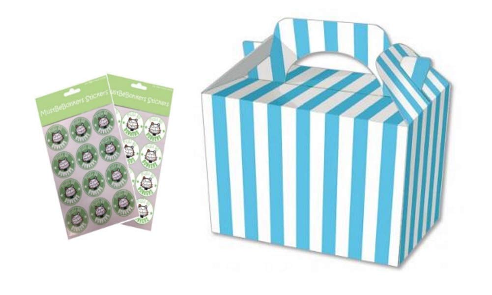 MBB CANDY STRIPED BOX PARTY MEAL FOOD PICNIC GIFT BOXES WITH SEAL STICKERS (Blue, 10)
