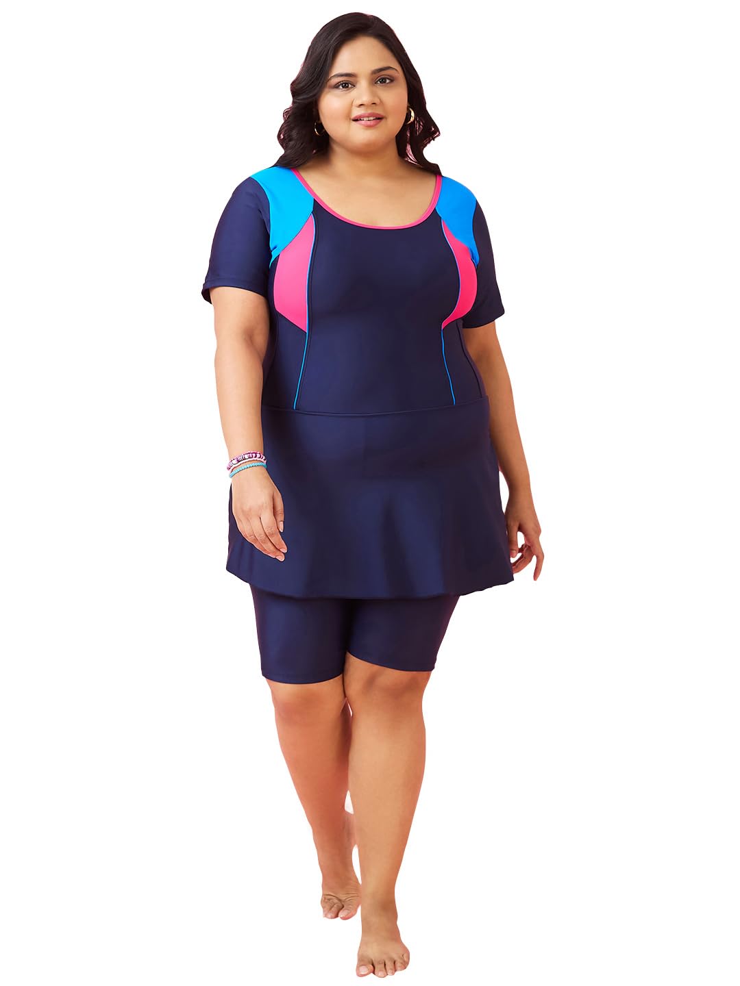 LYCOT Nylon Women's Frock Style Half Sleeves with Cycling Short Swimwear