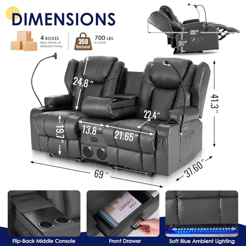 Image of Redlife Power Loveseat Recliner Sofa with Console, PU Leather Dual Reclining Couch with Blue LED Lights, Bluetooth Speakers, USB Ports, Phone Holders, Home Theater & RV Recliner (Gray)