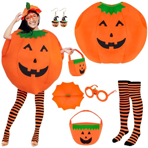 Dreamtop 6 Pièces Deguisement Citrouille Adulte, Costume de Citrouille Halloween Déguisement Femme Homme,Pour Cosplay Fête de Halloween