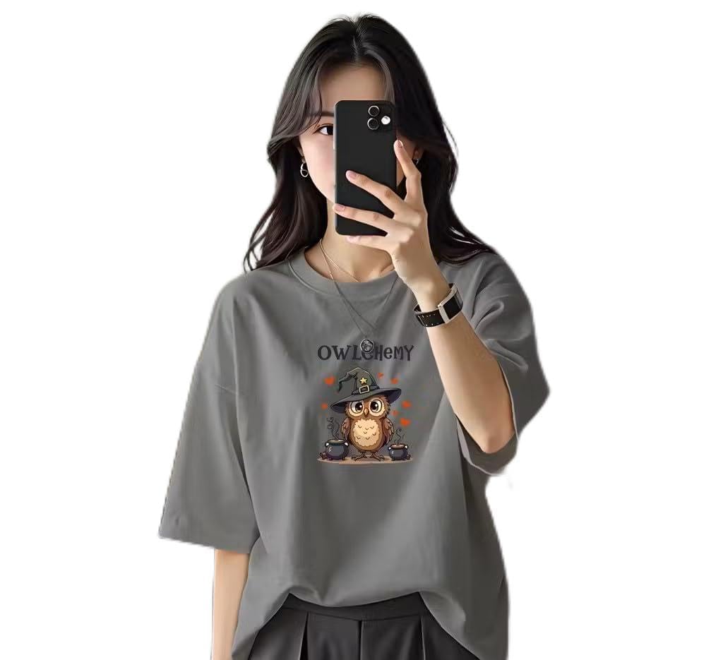 Pure Cotton T-Shirt for Women & Girl's | Lightweight Breathable Regular Fit - Owl Chemy Pattern Tee | Tshirts for Casual, Daily & Office Wear | Green-picture-36