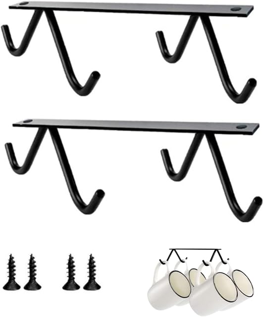 Juliyeh 2 Pack x 4 Hook Coffee Cup Hangers Tea Cup Organizer & Drying Rack for Mugs Coffee Cups Beer Mug & Kitchen Utensils Display Under Cabinet Hanging Rack