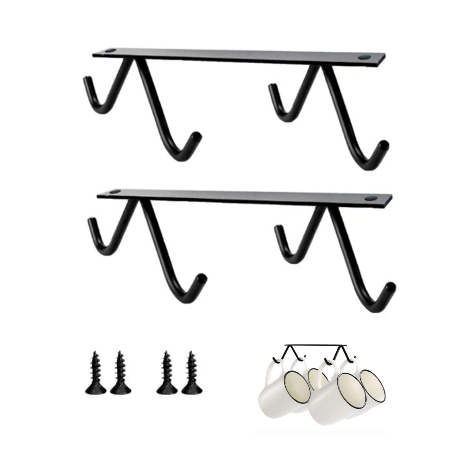 Yyaogagng Black 2 Pack X 4 Hook Coffee Cup Hangers Tea Cup Organizer & Drying Rack For Mugs Coffee Cups Beer Mug & Kitchen Utensils Display Under Cabinet Hanging Rack