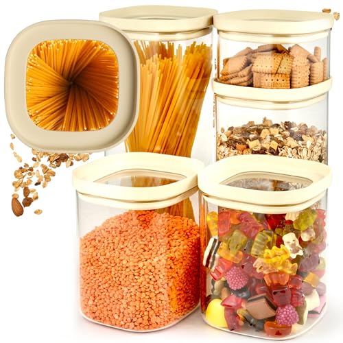 Dalena Home Set de 5 Tarros de Cristal con Tapa de Vidrio Borosilicato resistente + Etiquetas (1x 2000ml, 1x 1500ml, 2x 1000ml, 1x 500ml) - Botes Herméticos y Apilables - Botes Cocina Almacenaje