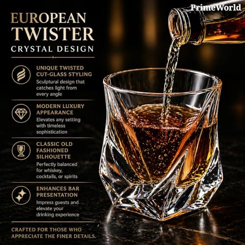 Image of PrimeWorld Eropean Twister Crystal Whiskey Glasses Set of 6 pcs- 300 ml Bar Glass for Drinking Bourbon, Whisky, Scotch, Cocktails, Cognac- Old Fashioned Cocktail