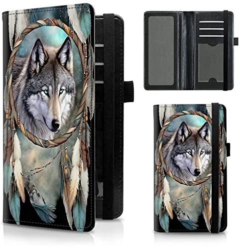 FUYOCWE Leather Checkbook Covers for Men Women Check book Holder Cover Wallets for Personal Checkbook Duplicate Checks with RFID Blocking & Elastic Strap-Dream Catcher Wolves