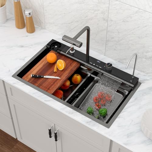 Logmey 33x19 Inch Black Drop In Kitchen Sink Waterfall Smart Sinks with Digital Display 16 Gauge Stainless Steel Handmade Basin wth 5 Functions Gunmetal Black Single Bowl