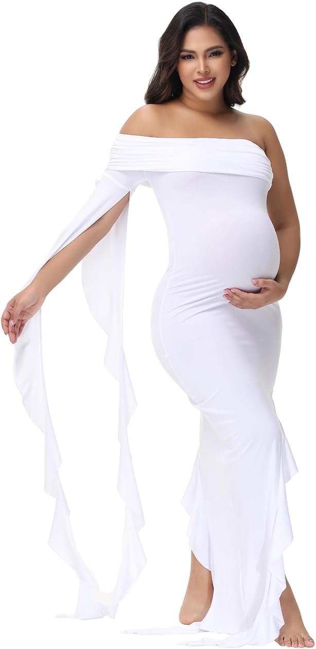 JustVH Maternity Off Shoulder Ruffle Sleeves Irregular Hem Pregnancy Photography Dress for Baby Shower Photoshoot