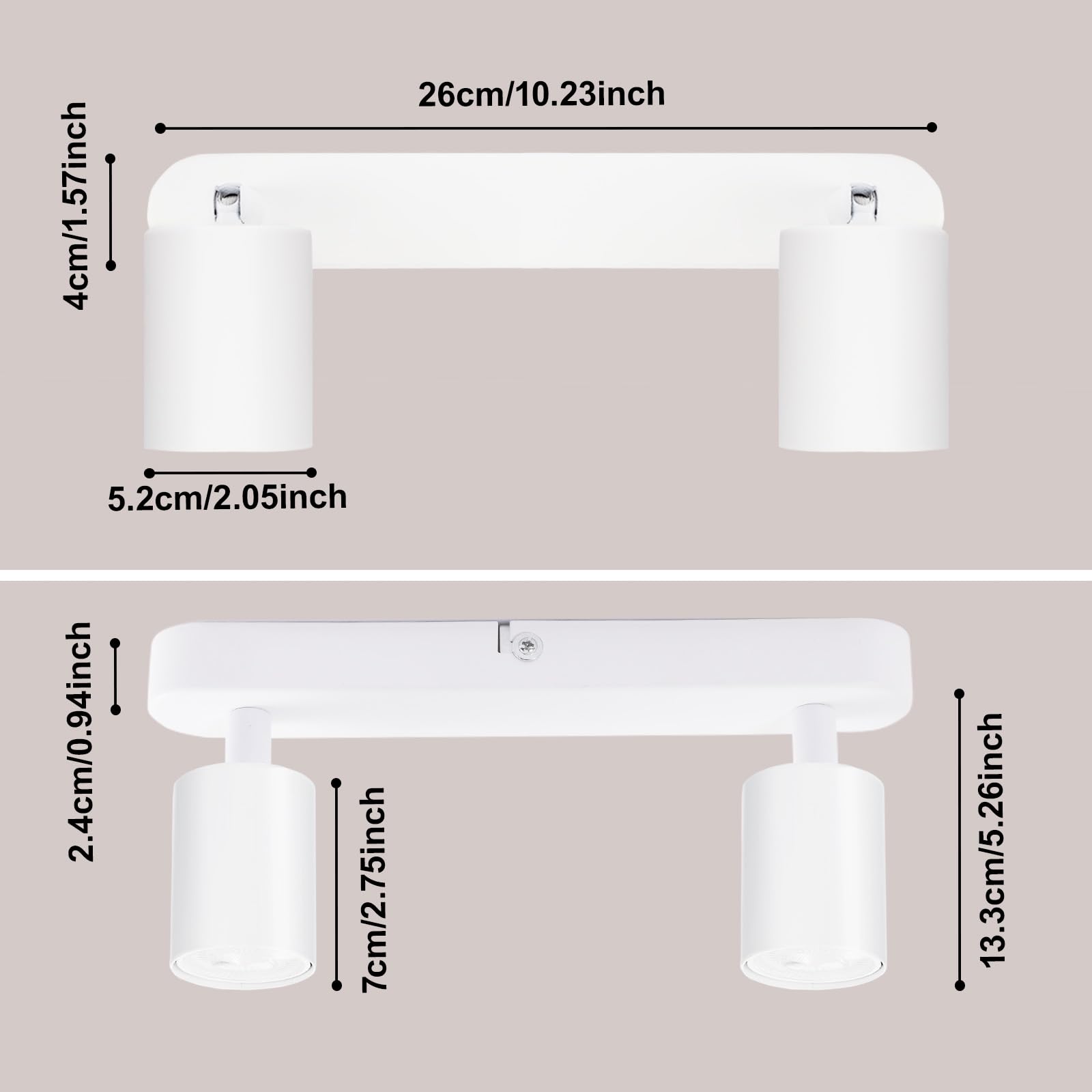 Barra de Luz de Techo 2 Focos, Foco Ajustable GU10 Metal Blanco, Lámpara de Techo Moderna Industrial para Cocina Dormitorio Salón Pasillo Comedor (Bombillas No Incluidas)