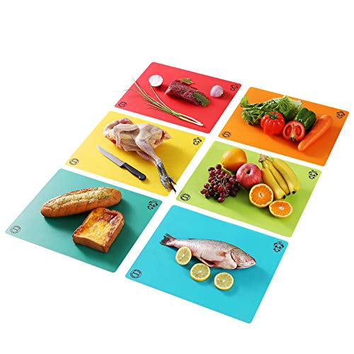 Boelley flexible grade plastic kitchen cutting board mats with food icons for dishwasher safe set of 6 Multicolored Plastic chopping board,Ideal for Meat, Vegetables, Fruits, Bread
