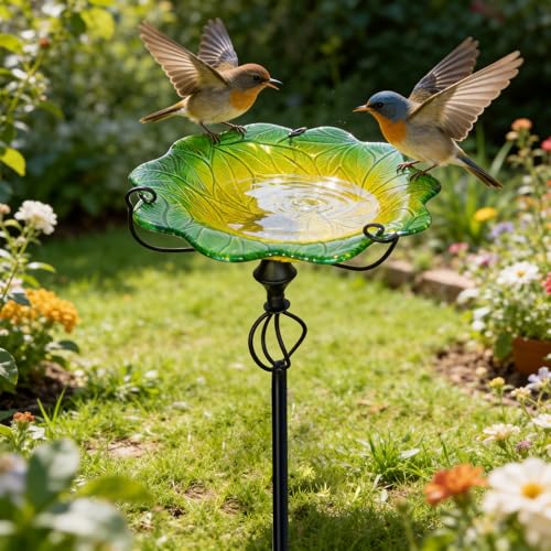 Image of HONGLAND Bird Baths for Outside,11 inch Small Green Glass Birdbaths Outdoor,Detachable Bird Feeder with Metal Stake for Garden Yard Patio Decor,30 inch Height
