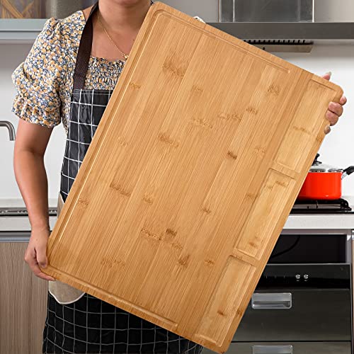 23.6 * 15.7 Inch 3XL Extra Large Bamboo Cutting Board For Kitchen, With 3 Built-In Compartments And Juice Grooves, Bamboo Carving Board for Turkey and BBQ…