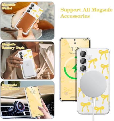 Image of UEEBAI Magnetic for Samsung Galaxy S26 Case, Bow Case Compatible with MagSafe, Wireless Slim Clear Ribbon Aesthetic Phone Cover Anti-Yellowing Shockproof Protective Cover for Women Girl - Yellow
