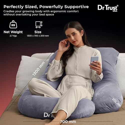 Image of Dr Trust USA Maternity Pillow for Pregnancy Sleeping, J-Shape Maternity Pillow for Pregnant Women, 360-Degree Full Body Support for Back, Legs, HIPS & Belly with Removable Velvet Cover