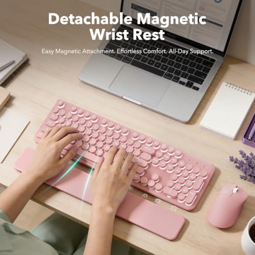 Image of Rechargeable Backlit Wireless Keyboard and Mouse Combo, Retro Typewriter Keyboard with Magnetic Wrist Rest, Light Up Letters, 2.4GHz Cordless Connection for Mac, Windows PC, Laptop (Glowing Pink)