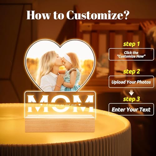 Image of SNAPTRAP Personalized MOM LED Acrylic Lamp with Photo | Customized Photo Gift for Mother | Night Lamp with Wooden Base | Birthday Gift for Mom | Mother's Day Gift | LED Photo Frame