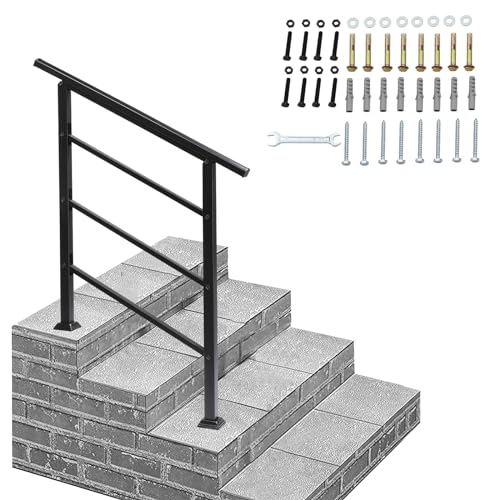 Outopee Adjustable Outdoor Handrail Wrought Iron Exterior Handrail Fit 1 to 3 Steps Stair Railing Transitional Handrail with Installation Kit for Stairs Garden House Entrance Backyard & Balcony