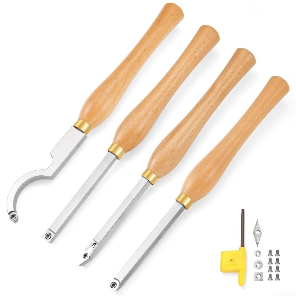 Juego de herramientas de torno de carpintería de 4 piezas con mangos ergonómicos de haya y puntas de corte de carburo para torneado de madera de precisión