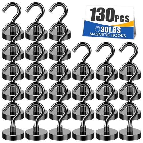 Image of MIKEDE Black Magnetic Hooks Heavy Duty 30Lbs+ Strong Neodymium Magnets | Super Metal Magnetic Hanger for Refrigerator Super Cruise Hanging Kitchen Storage Pack of 130