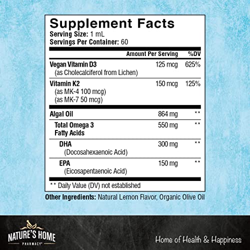 Vegan Omega 3 Liquid Lemon Flavor Omega Three Drops For Adults, Kids Carrageenan Free Supplement With 300Mg Dha And 150Mg Of Epa, 5000 Iu Of Vitamin D3 & K2, All Ingredients 100% Vegan 60 Days… #TOP7