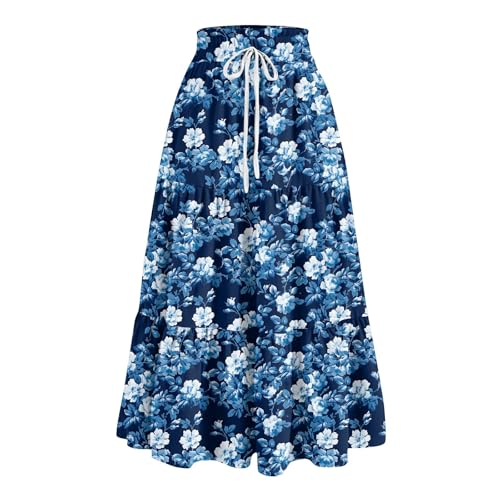 Womens Floral Midi Skirt Trendy Tiered Flowy Long High Waisted Skirts Summer Boho Beach Spring Renaissance Skirt