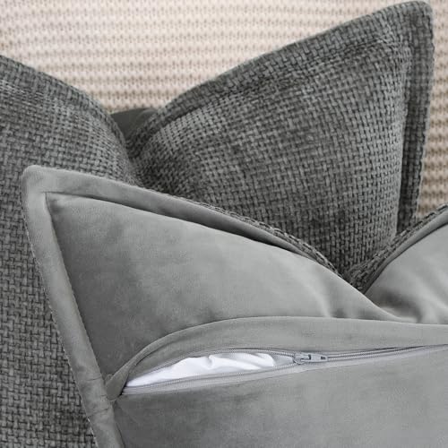 Image of MADIZZ Decorative Chenille Velvet Throw Pillow Covers Set of 2 Soft Boho Textured Neutral Couch Throw Pillow for Bed Modern Farmhouse Home Decor for Sofa Livingroom Dark Grey 20x20 Inch