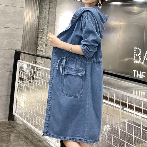utcoco Womens Mid Long Hooded Jean Jacket Casual Loose Fit Drawstring Denim Jacket Hoodies Open Front Trench Coat3