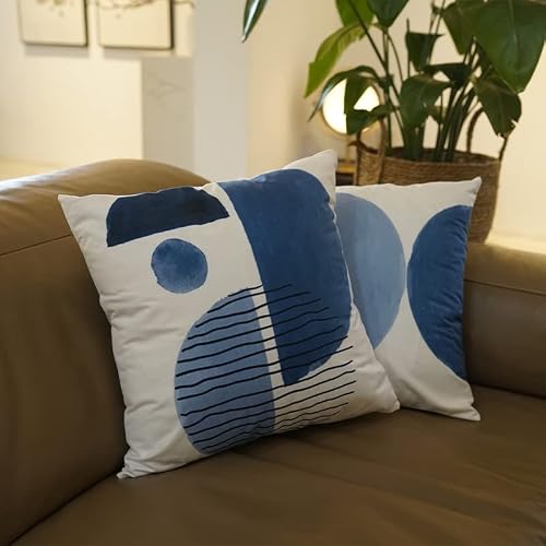 Navy Blue Throw Pillows For Couch Set Of 4 Boho Decorative Pillow Covers White Modern Abstract Geometric Cushion Cover For Bed Bedroom Sofa Velvet Pillowcase 18X18 Inch Aesthetic Minimalist Home Décor #TOP3
