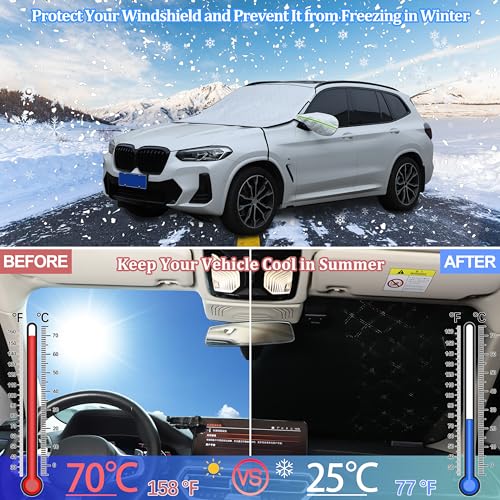 Image of Windshield Snow Cover Compatible with BMW X3 2004-2024, Car Snow Cover, Front Windshield Sunshade, Exterior Windscreen Sun Shade, UV-Rays Sun Ice Snow Frost Protector, 4-Layer Windshield Cover