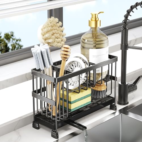 SPRIKIR Sponge Holder for Kitchen Sink, 2-Tier Sink Caddy Organizer with High Brush Holder, Dish Soap and Scrubber Holder- Kitchen Counter Decro -RV Essentials -House Warming Gift