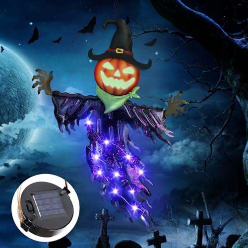 ILLUMINEW Solar Halloween Metal Hanging Decorations Outdoor Solar Powered Lighted Metal Pumpkin with Glowing Eyes for Halloween Outdoor Tree Wall Porch Patio Decor (Pumpkin-Purple)