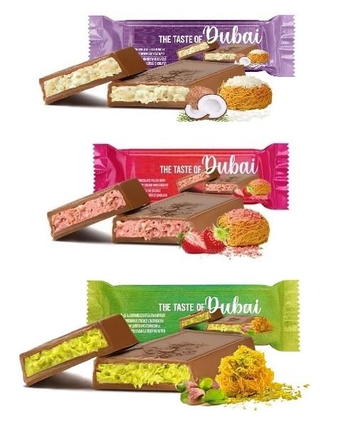 Dubai Chocolate Bar Variety – Coconut, Pistachio & Strawberry – 3 Bars (30g Each / 90g Total) – Crunchy Loaded Viral Knafeh Chocolate Bar with Delicious Cream and Kataifi, Gift Box Selection