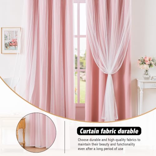 Image of Anytime Double Layer Blackout Curtains 2 Panels,52Wx84L,Blush Pink | Sheer And Fabric Window Drapes Grommet Top Solid Color Bedroom Living Room Home Decor