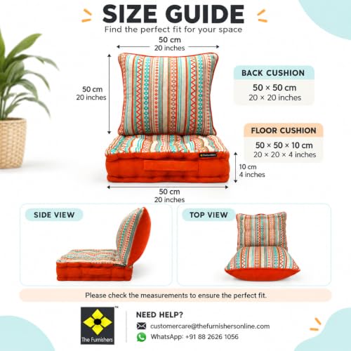 Image of Woven Quilted Floor Cushion Set 50x50x10 CM with Fillers & Back Cushion, Large Size for Seating, Patio Seat, Meditation, Yoga, Pooja, Guests, Living Orange Boho 20x20x4 Inch