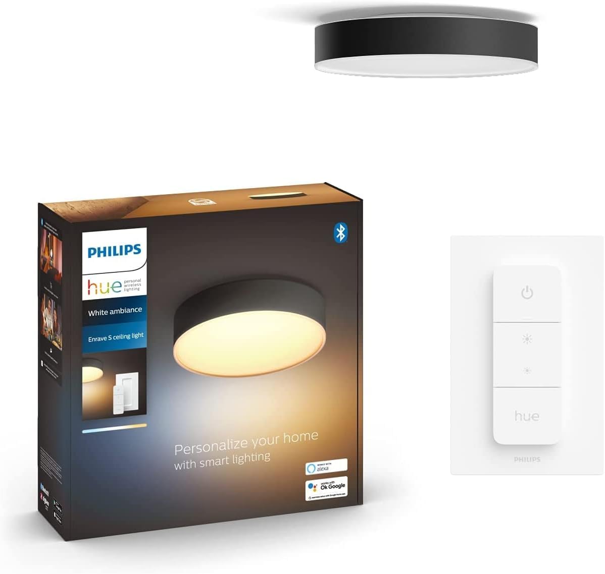 Philips Hue White Ambiance Enrave Deckenleuchte M schwarz 1900lm inkl. Dimmschalter, dimmbar, alle Weißschattierungen, steuerbar via App, kompatibel mit Amazon Alexa (Echo, Echo Dot)