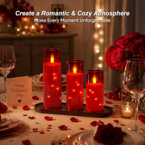 Image of Raycare Flameless Candle with Remote Timer, 3 Flickering Acrylic Battery Operated LED Pillar Candles with Embedded Star String for Christmas, Home Decor, and as a Gift(Red)