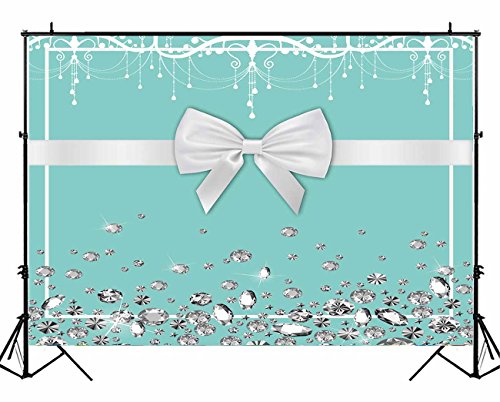 Funnytree 7X5ft No Wrinkles Breakfast Bowknot Co Blue Backdrop Durable Cloth Turquoise Bow Diamonds Sweet 16 Birthday Party Background Bridal Shower Wedding Table Decorations Photo Booth Banner
