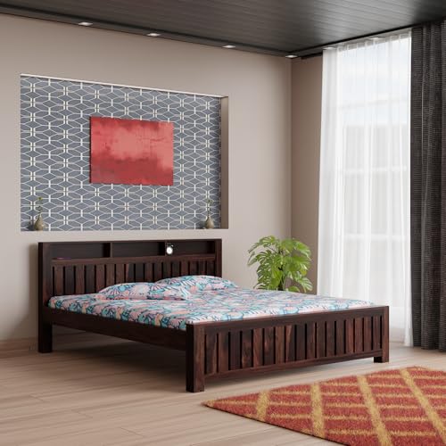 Image of Solid Sheesham Wood Queen Size Bed Without Storage | Wooden Double Bed Cot Bed for Bedroom Furniture | Palang Double Bed for Hotels | Walnut
