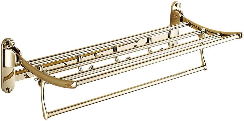 Towel Holder European Style Foldable Towel Rack with Hooks Electroplated Zinc Alloy Wall-Mounted Towel Holder Bath Towel Rail Stand Towel Rack,Gold-60Cm