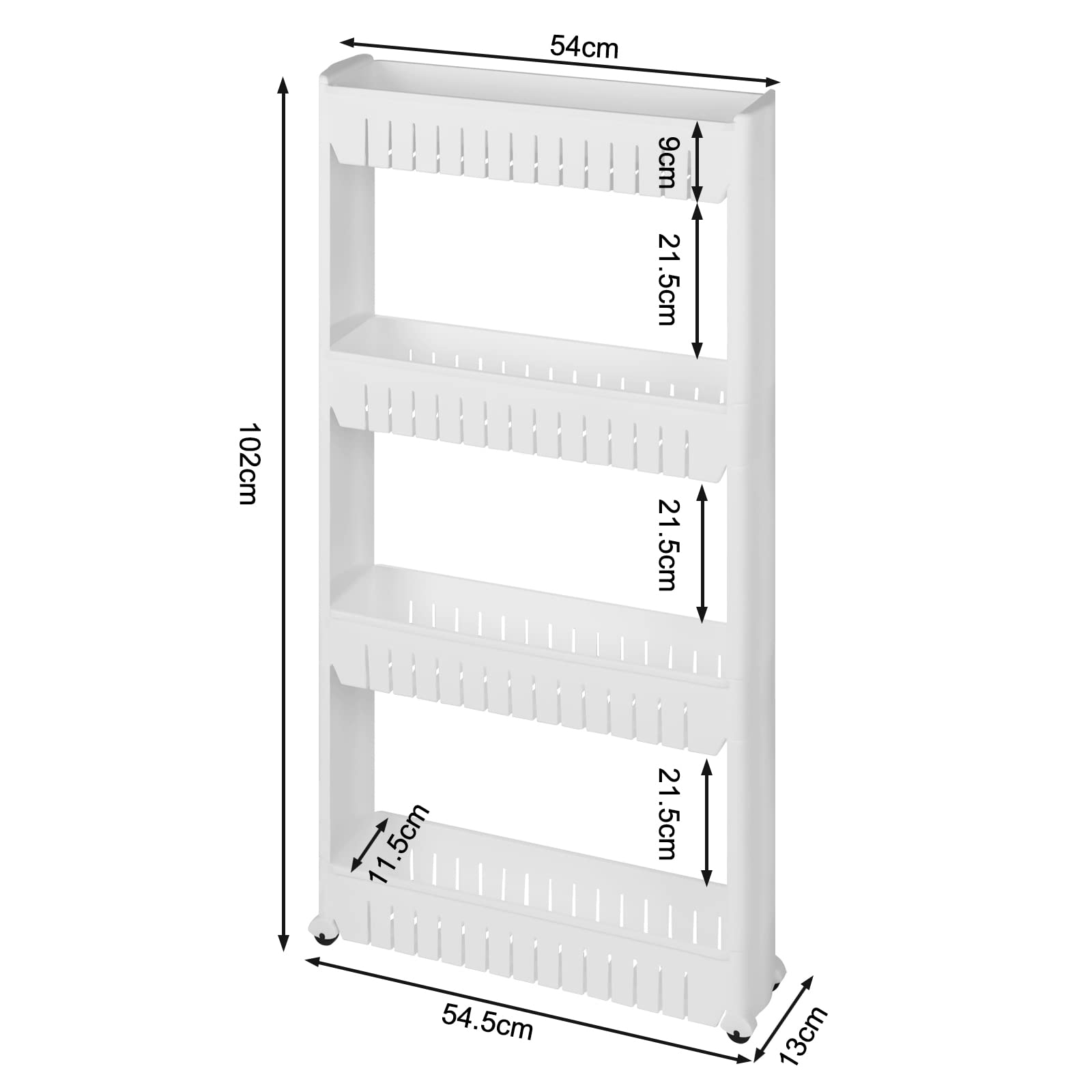 WOLTU Carrello da Cucina con Ruote, Carrellino da Cucina Salvaspazio a 4 Livelli, Scaffale Stretto Portaoggetti per Bagno, Ufficio, in PP, Bianco, 54x13x102cm, RGB36ws