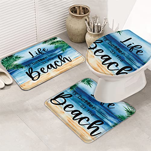 Beach 3-teiliges Badezimmerteppich-Set Tropical Summer Blue Ocean Palm Tree Strapazierfähiges weiches Badematten-Set mit Konturteppich Toilettendeckelbezug for Dusche/Badewanne, 20"x32"+16"x18"+16"x20 – Bild 5