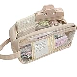 Clear Pencil Pouch Aesthetic School Supplies Large Cute Pencil Case for Girls Preppy Pencil Case Aesthetic (Beige,with Clip & Sticky Note)