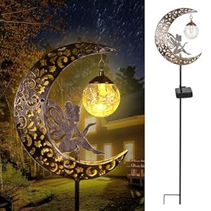 Solar Garden Lights Outdoor Decor,Moon Fairy Crackle Glass Lights,Waterproof Warm White LED Metal Stake Ornament,for Walkway Backyard Patio Lawn Pathway Decorations-Unique Gift Ideas for Gardening Solar Garden Lights Outdoor DecorMoon Fairy Crackle Glass LightsWaterproof Warm White LED Metal Stake Ornamentfor Walkway Backyard Patio Lawn Pathway Decorations Unique Gift Ideas for Gardening